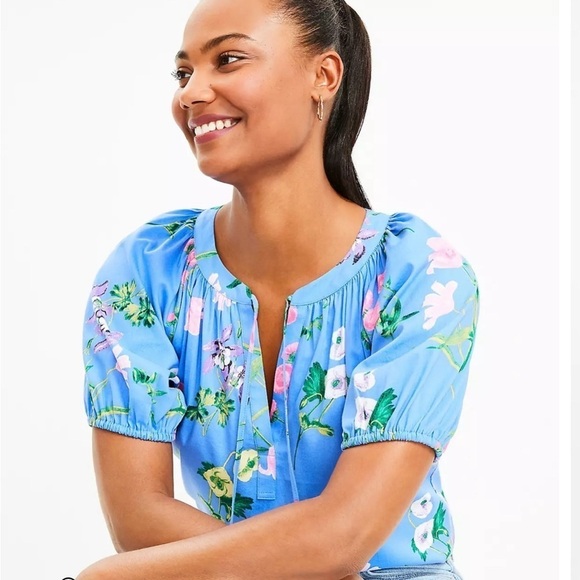 LOFT Garden Tie Neck Puff Sleeve Top Blue Size M - Picture 8 of 15